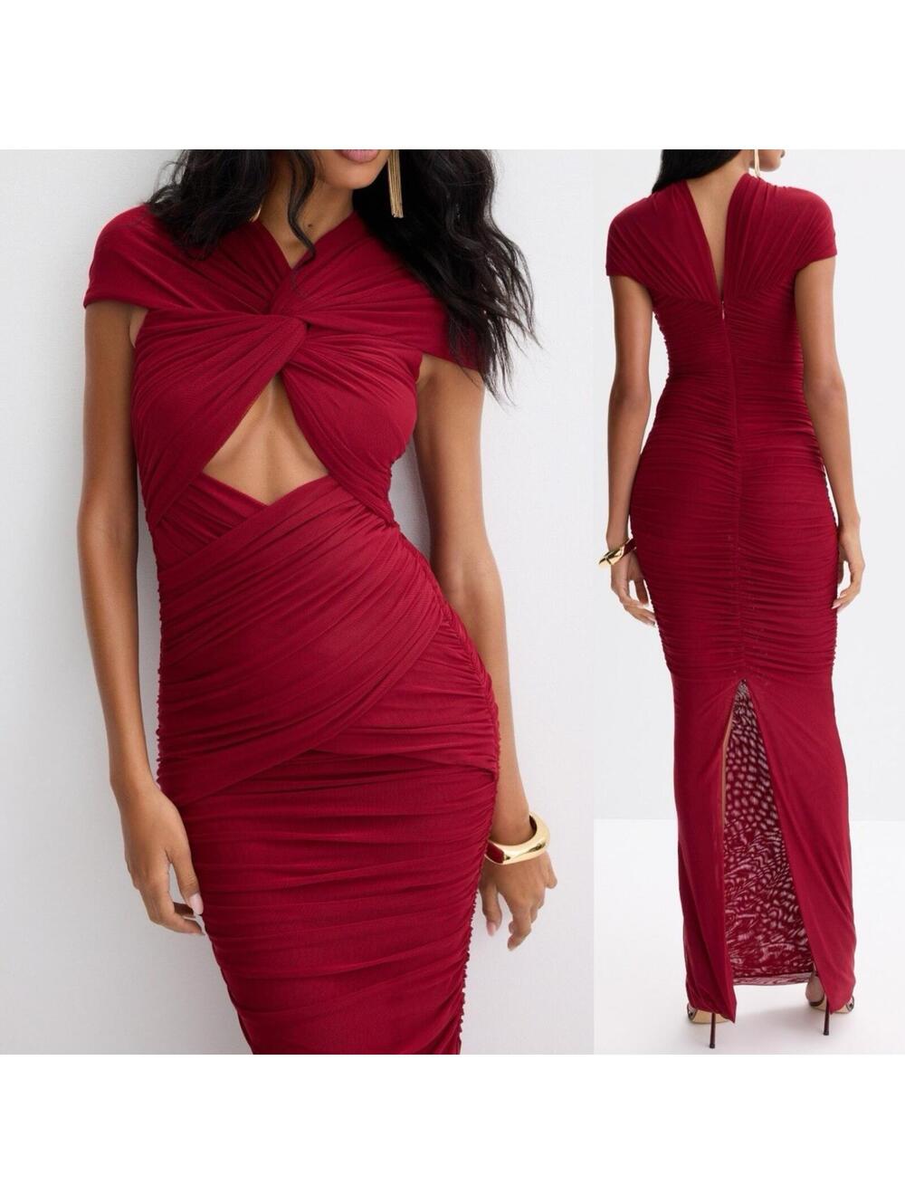 $468 Ronny Kobo Nasha Red Ruched Maxi Cutout Slinky Jersey Gown-  XS (flawed)